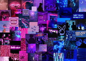 Vibrant Purple and Blue Neon Aesthetic Collage with Cyberpunk Urban Night Scenes HD wallpaper