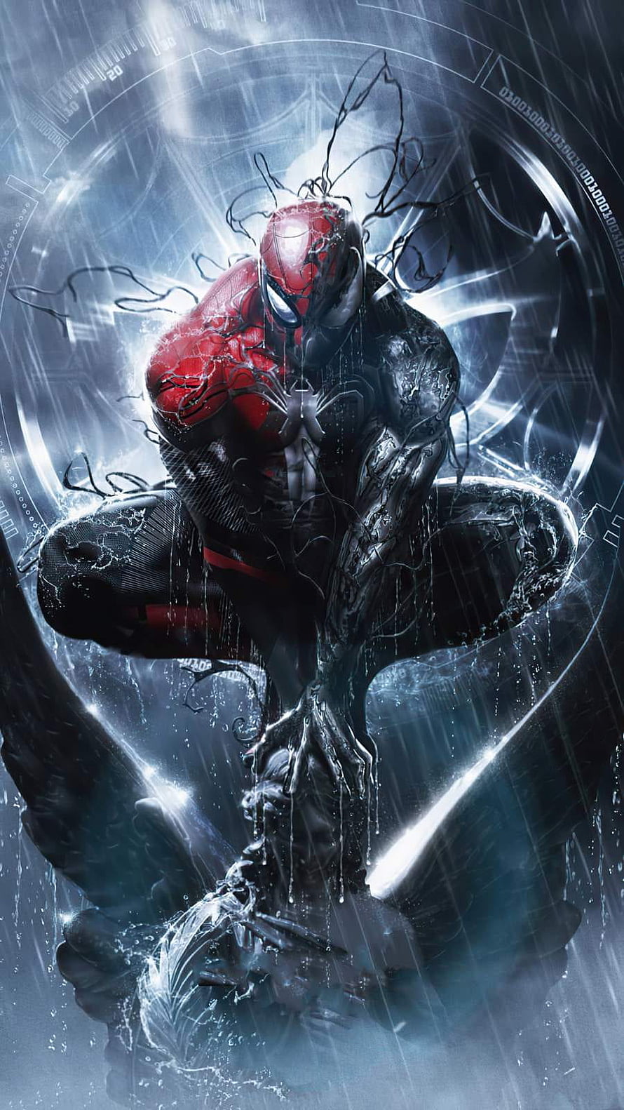 Spider-Man in Venom Symbiote Suit Crouching in Rain with Digital Interface Background, Spiderman and Venom, venom suit HD phone wallpaper