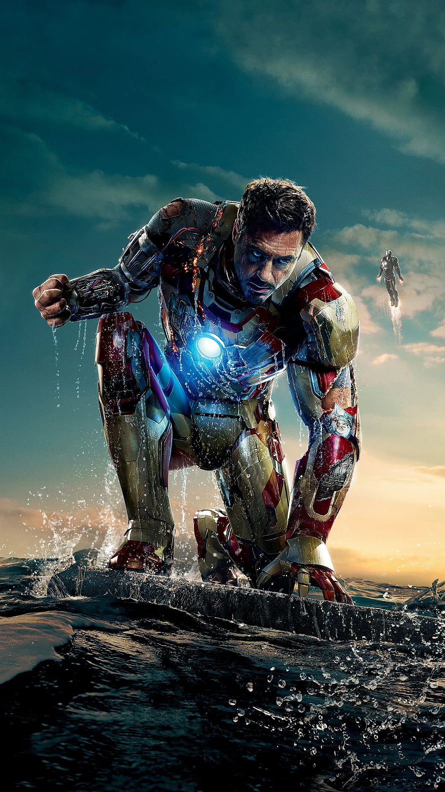 Iron Man 3 Movie Poster: Tony Stark in Damaged Armor Rising from the Ocean HD phone wallpaper
