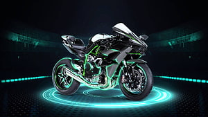 Kawasaki Ninja H2R Superbike with Neon Green Accents on Futuristic Display Platform HD wallpaper