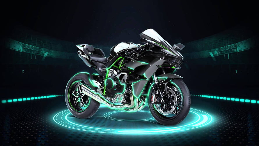 Kawasaki Ninja H2R Superbike with Neon Green Accents on Futuristic Display Platform HD wallpaper
