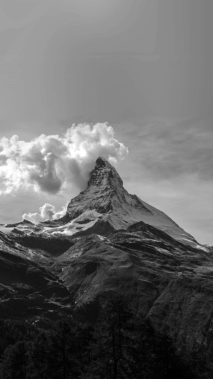 Monochrome Matterhorn Peak Rising Above Dramatic Clouds in the Swiss Alps HD phone wallpaper