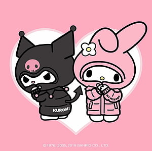 Kuromi and My Melody in Cute Streetwear Outfits on Pink Heart Background HD wallpaper