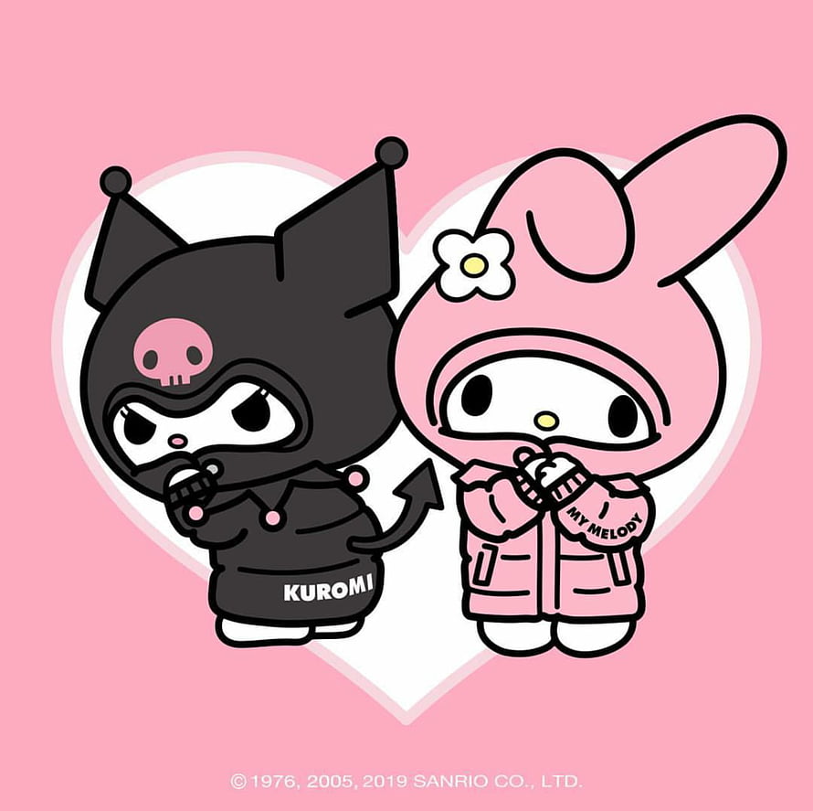 Kuromi and My Melody in Cute Streetwear Outfits on Pink Heart Background HD wallpaper