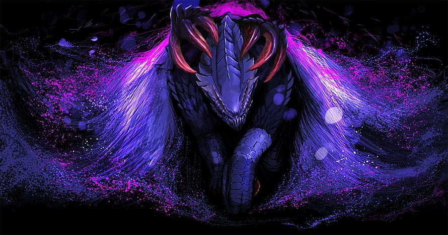 Gore Magala Monster with Glowing Purple Wings and Dark Scales HD wallpaper