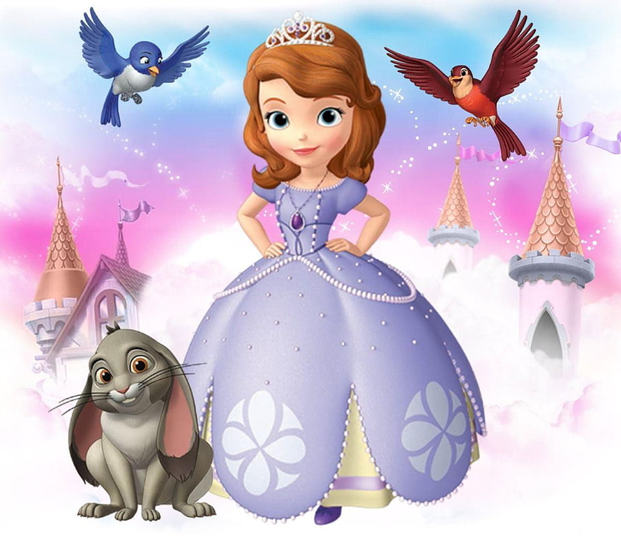 Princess Sofia in Lavender Gown with Castle and Animal Friends HD wallpaper