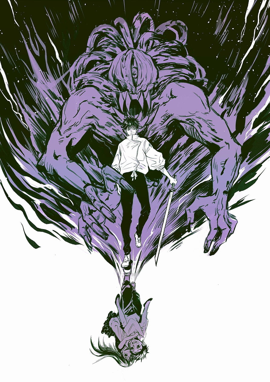 Okkotsu Yuuta Standing Before a Massive Purple Demon in Dark Anime Illustration HD phone wallpaper