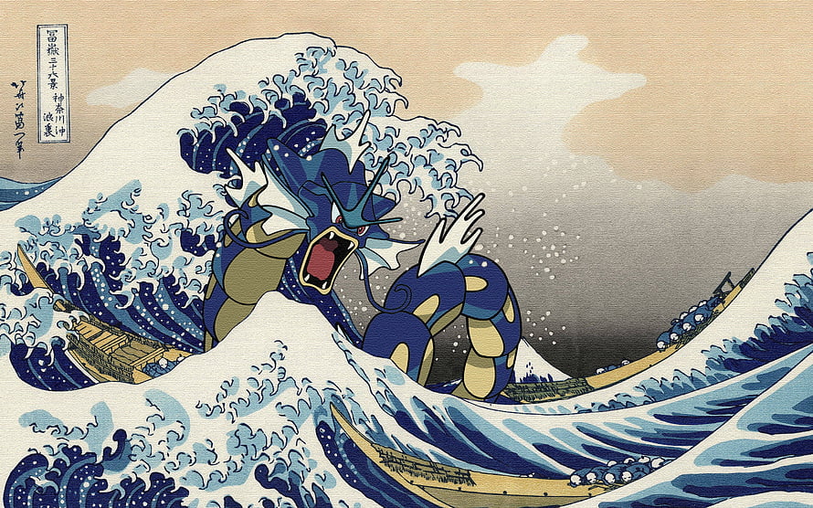 Gyarados Rising From Giant Waves in Classic Japanese Ukiyo-e Woodblock Print Style HD wallpaper