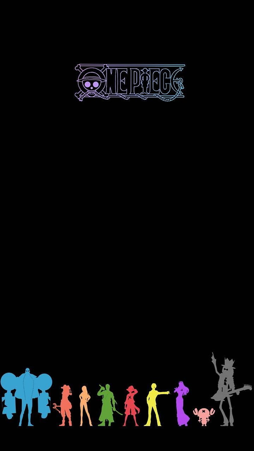 One Piece Character Silhouettes with Neon Logo on Black Background HD phone wallpaper