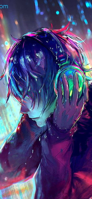 Anime Boy Wearing Headphones in Neon Rain with Vibrant Chromatic Lighting HD phone wallpaper