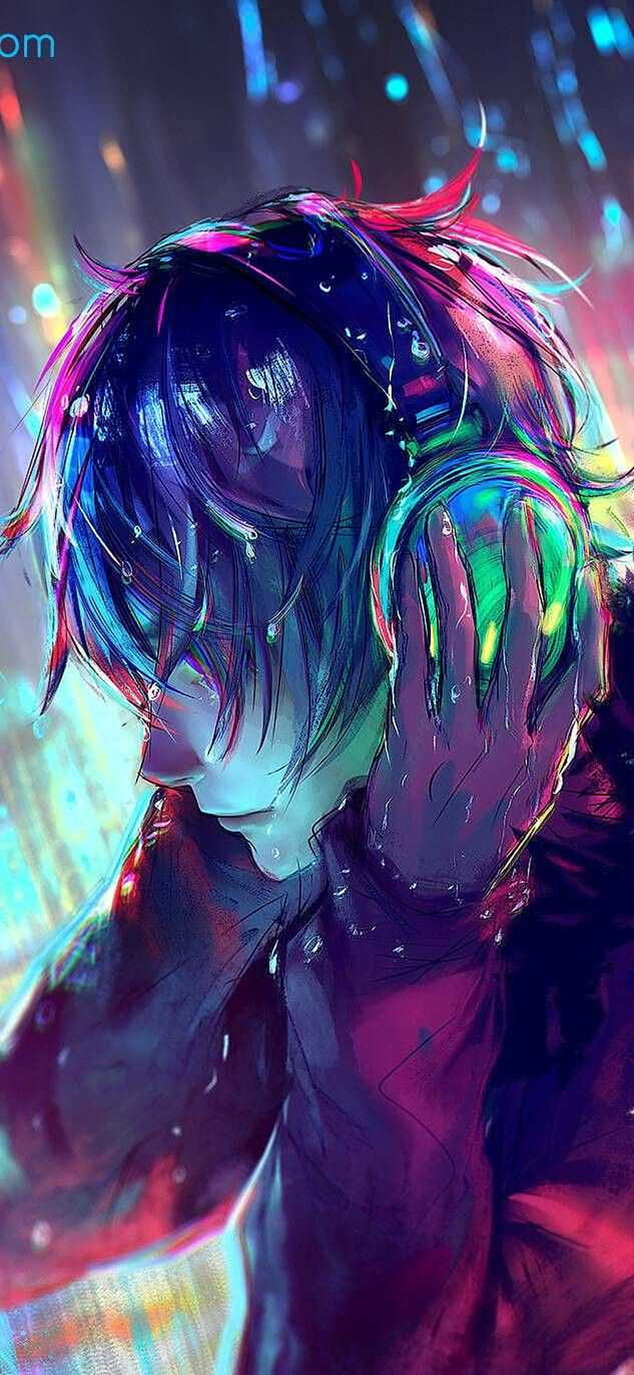 Anime Boy Wearing Headphones in Neon Rain with Vibrant Chromatic Lighting HD phone wallpaper