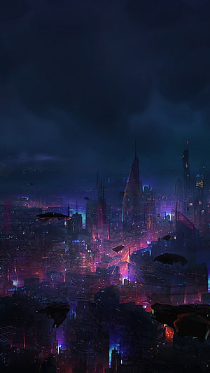 Neon-lit Cyberpunk Cityscape at Night with Flying Vehicles and Futuristic Skyscrapers HD phone wallpaper