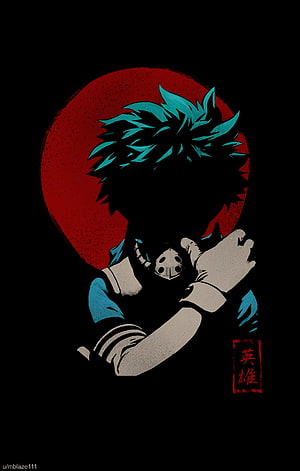 Izuku Midoriya Silhouette Artwork with Red Moon and Japanese Calligraphy HD phone wallpaper