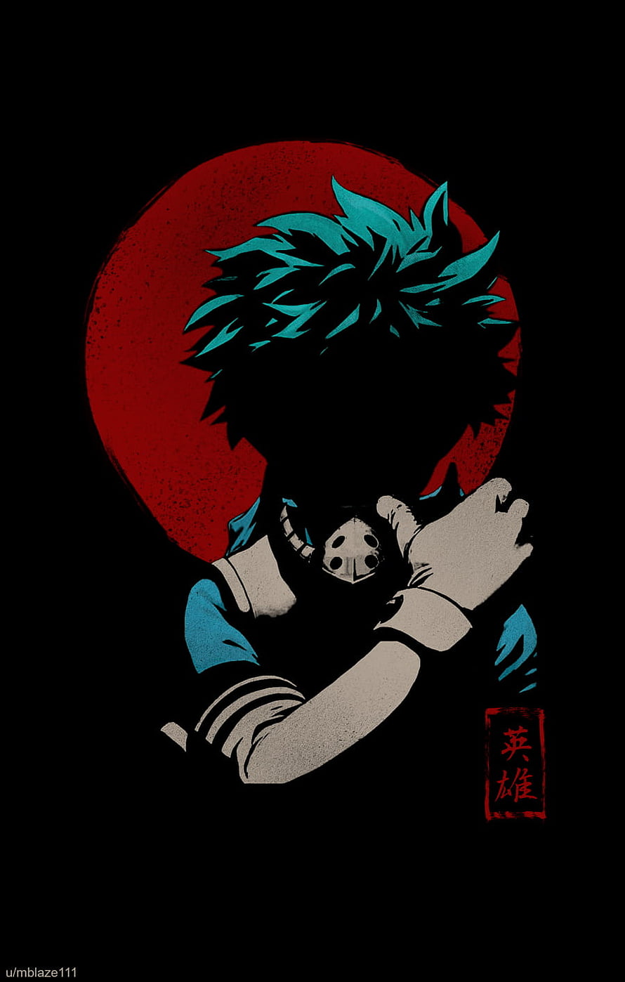 Izuku Midoriya Silhouette Artwork with Red Moon and Japanese Calligraphy HD phone wallpaper
