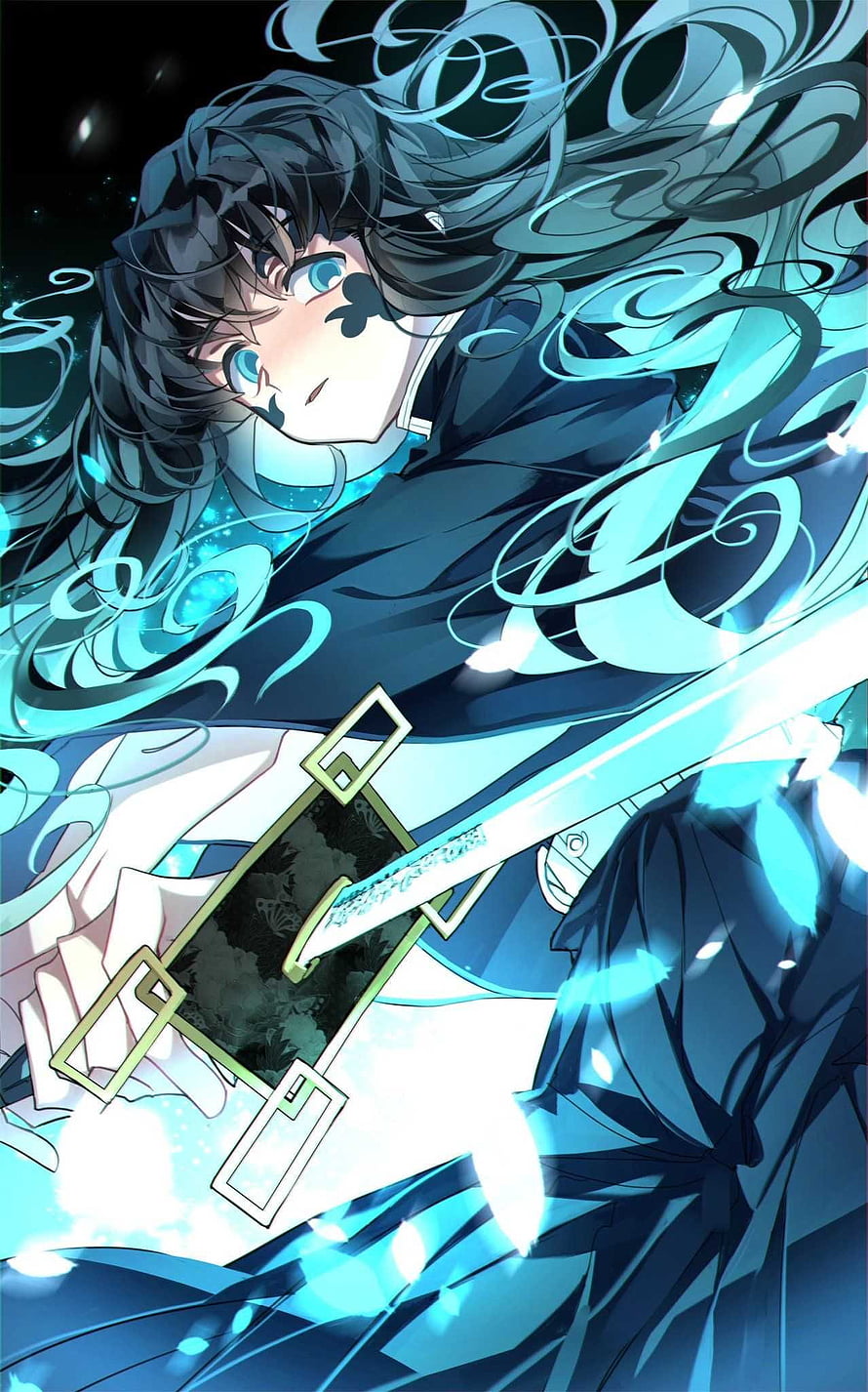 Muichiro Tokito from Demon Slayer Wielding Glowing Sword in Dynamic Blue Action Pose HD phone wallpaper