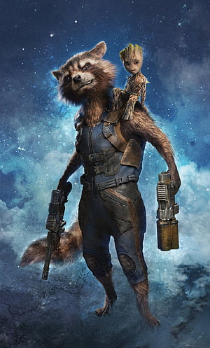 Rocket Raccoon and Baby Groot Standing in a Cosmic Nebula with Dual Blasters HD phone wallpaper