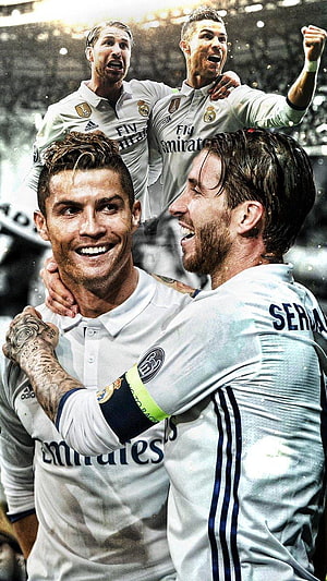 Cristiano Ronaldo and Sergio Ramos Celebrating in Real Madrid White Kits HD phone wallpaper