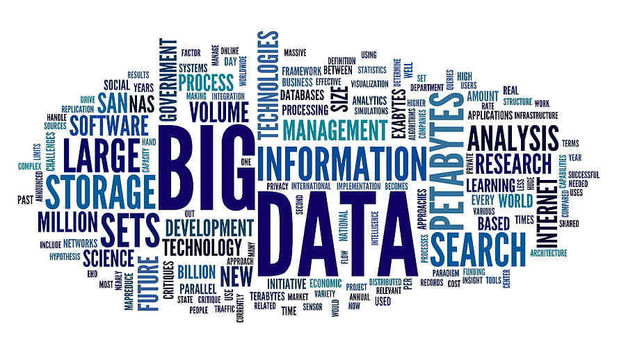Big Data Word Cloud Infographic Featuring Technology, Analytics, and Information Science Terms HD wallpaper