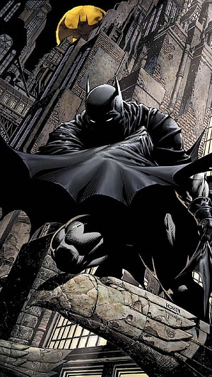 Batman Perched on Gargoyle in Dark Gothic Cityscape with Bat-Signal Moon, 5 Batman Mobile, batman screensaver HD phone wallpaper