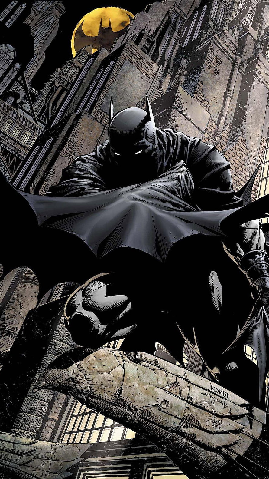 Batman Perched on Gargoyle in Dark Gothic Cityscape with Bat-Signal Moon, 5 Batman Mobile, batman screensaver HD phone wallpaper