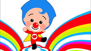 Plim Plim the Clown Cartoon Character with Blue Hair and Rainbow Wings HD wallpaper