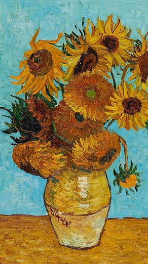 Vincent van Gogh Sunflowers Still Life Oil Painting with Vibrant Yellow Blooms in a Ceramic Vase Against a Blue Background HD phone wallpaper