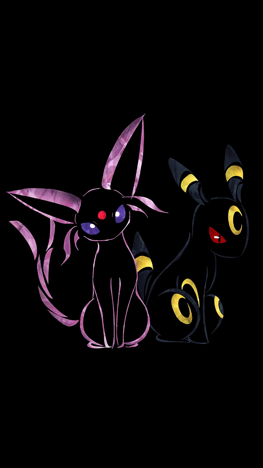 Espeon and Umbreon Silhouette Art with Glowing Eyes on Black Background HD phone wallpaper