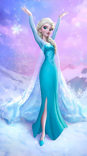 Elsa from Frozen in her iconic ice gown with arms raised against a pastel winter sky HD phone wallpaper