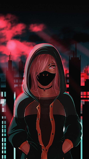 Anime Girl in Hoodie and Mask Against Neon Cyberpunk City Skyline HD phone wallpaper