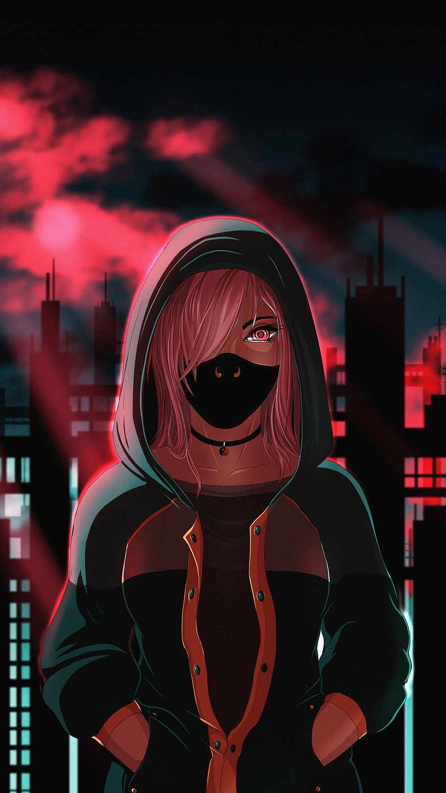 Anime Girl in Hoodie and Mask Against Neon Cyberpunk City Skyline HD phone wallpaper