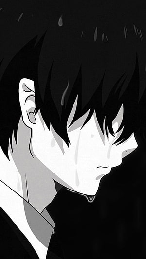 Blue Exorcist Anime Character Crying in Black and White Profile Portrait HD phone wallpaper