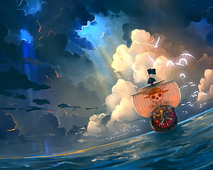 One Piece Thousand Sunny sailing through dramatic storm clouds with golden light breaking through HD wallpaper