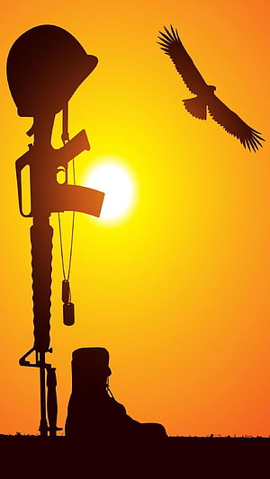 Soldier Silhouette with Rifle and Helmet at Sunset with Eagle in Flight HD phone wallpaper