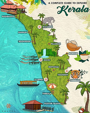 Illustrated Travel Map of Kerala India Featuring Major Cities and Landmarks HD phone wallpaper