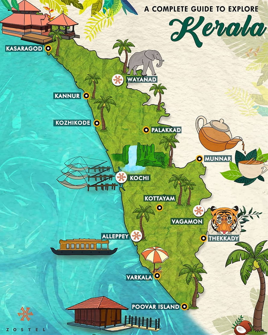 Illustrated Travel Map of Kerala India Featuring Major Cities and Landmarks HD phone wallpaper