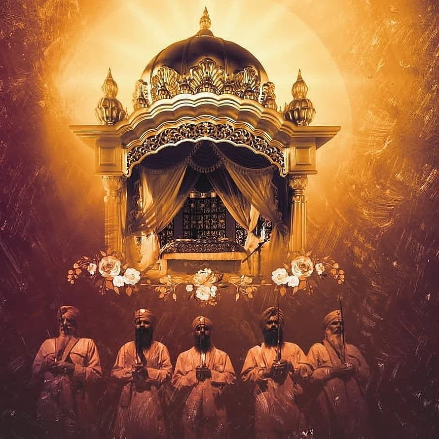 Sikh Guru Portrait with Ornate Golden Shrine and Devotees in Traditional Attire HD phone wallpaper
