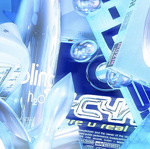 Cybercore album cover art with glossy blue bubbles, chrome typography, and futuristic tech design HD wallpaper