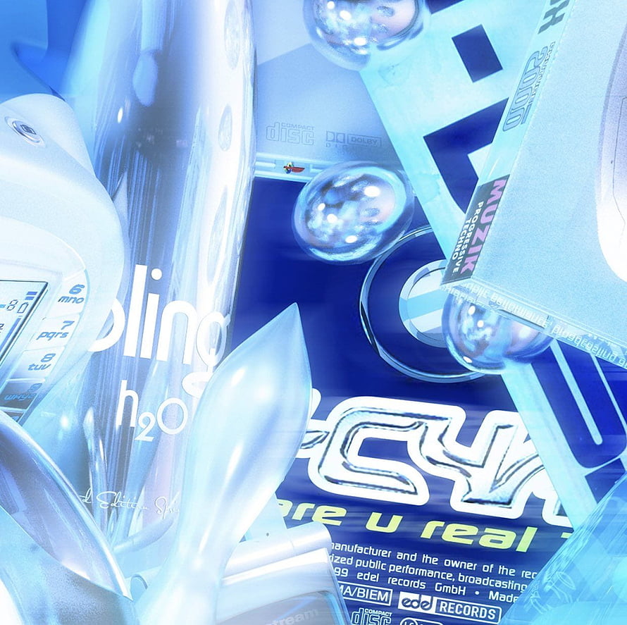 Cybercore album cover art with glossy blue bubbles, chrome typography, and futuristic tech design HD wallpaper