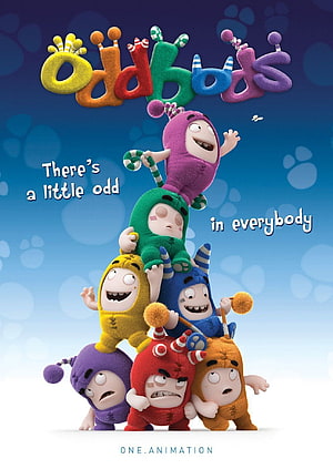 Oddbods Animated Characters Stacked in Colorful Plush Costumes on Blue Background HD phone wallpaper