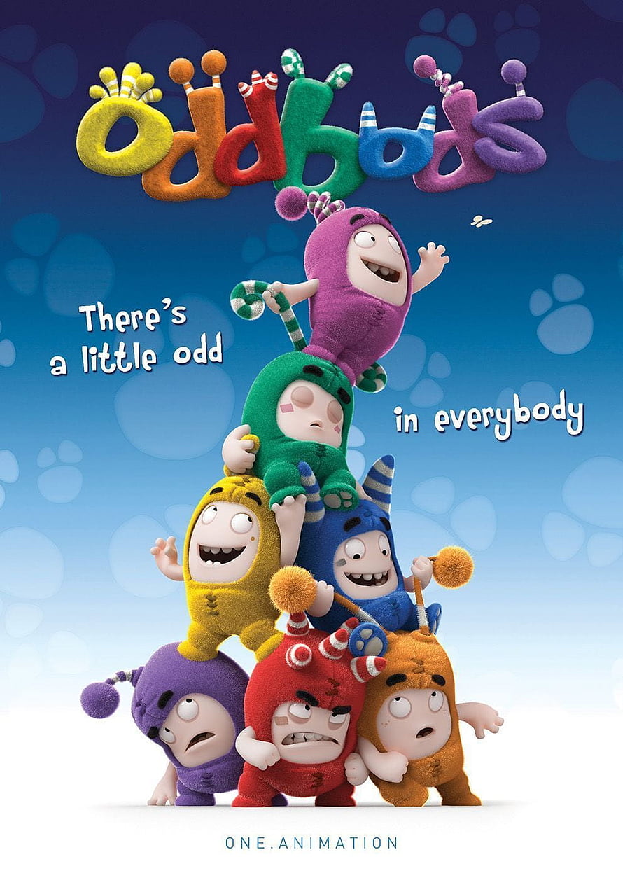 Oddbods Animated Characters Stacked in Colorful Plush Costumes on Blue Background HD phone wallpaper