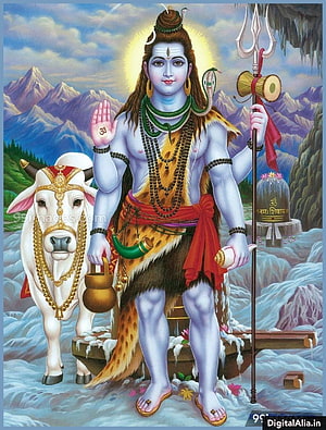 Lord Shiva with Nandi Bull, Trishula, and Rudraksha Beads in Himalayan Landscape HD phone wallpaper