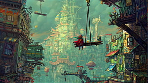 Vibrant Steampunk Fantasy Cityscape with Floating Market and Towering Pagoda HD wallpaper