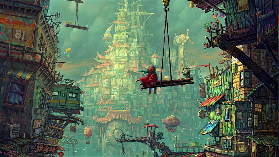 Vibrant Steampunk Fantasy Cityscape with Floating Market and Towering Pagoda HD wallpaper