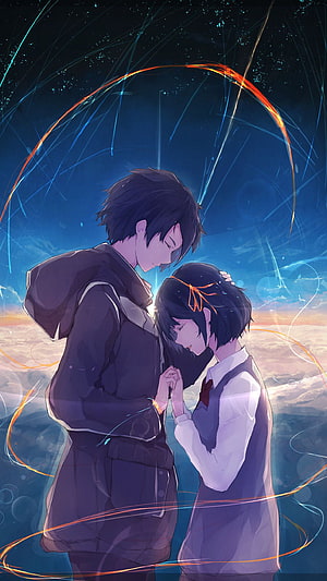 Romantic Anime Couple Holding Hands Under a Starry Sky with Glowing Orbs HD phone wallpaper