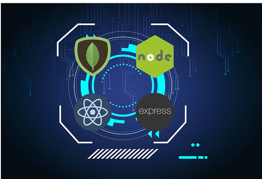 MERN Stack Tech Icons Featuring React, Node, Express, and MongoDB on Circuit Background HD wallpaper