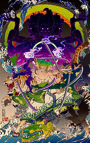 Roronoa Zoro Wano Country Ukiyo-e Style Illustration with Nine Swords and Mythical Beasts HD phone wallpaper