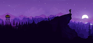 Purple Mountain Silhouette with Hiker and Moonlit Forest Landscape HD wallpaper