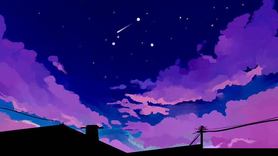 Anime Night Sky with Purple Clouds and Shooting Star Over Silhouetted Rooftop HD wallpaper