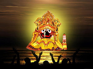 Sri Jagannath deity statue illuminated against a golden sky with silhouetted devotees HD wallpaper
