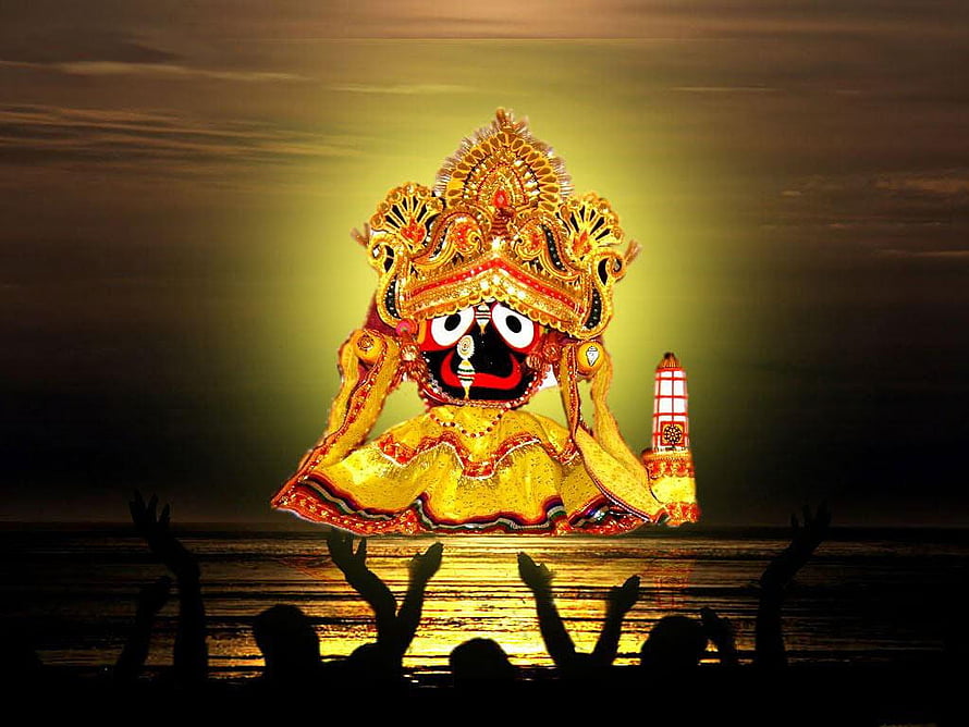 Sri Jagannath deity statue illuminated against a golden sky with silhouetted devotees HD wallpaper